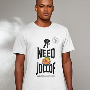 African print T-shirt with “Need Jollof” slogan, bold cultural streetwear design UK